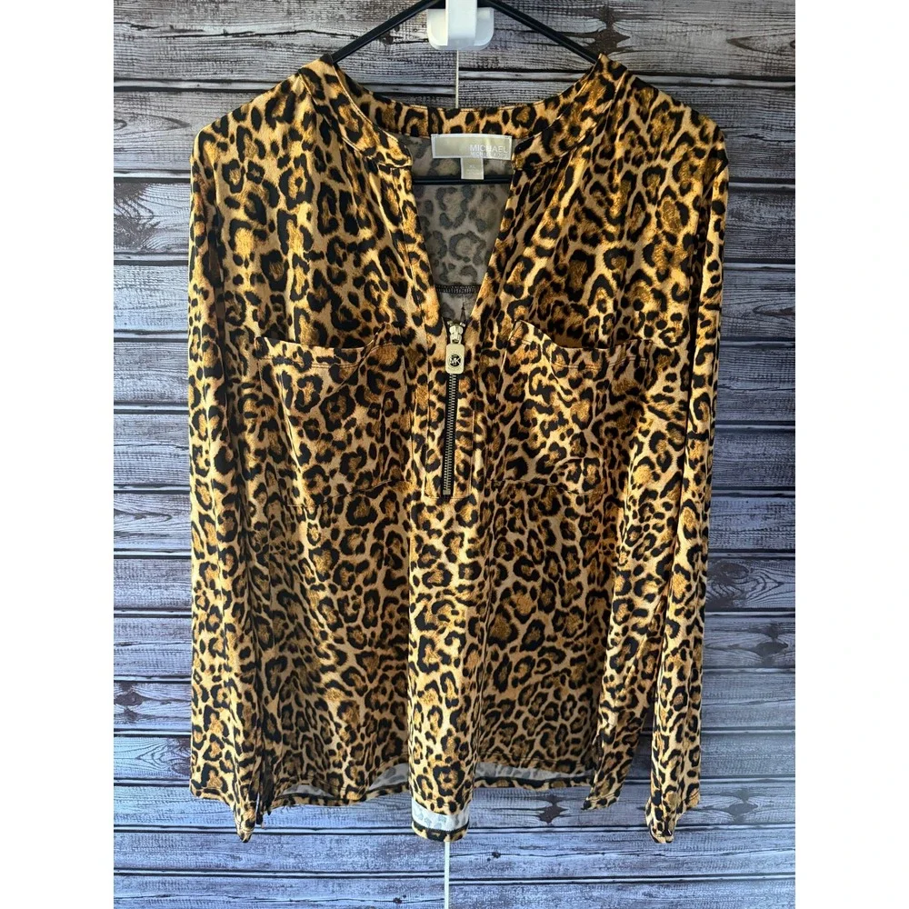 Michael Michael Kors Women's Long-Sleeved Top Sz XL V-Neck Zipper Animal Print